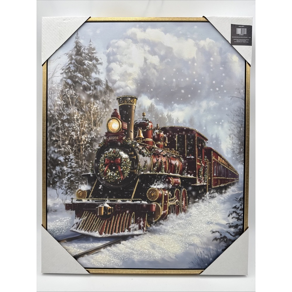 Hobby Lobby Christmas Train Framed Canvas Wall Decor 20.6" Holiday Art NEW